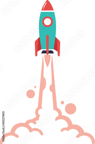 Flat Design Rocket Launching Upwards with Smoke Trail – Symbol of Startup, Innovation, and Progress