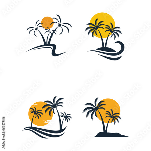 Tropical island illustration design template palm tree logo