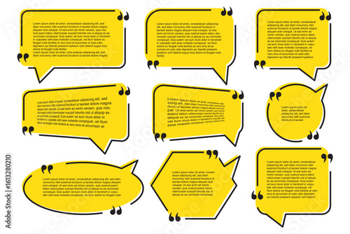 Quote text in speech bubble. Quote bubble testimonial banners. Quote box frames. Chatting, comment, remark, info windows shape