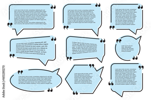 Quote text in speech bubble. Quote bubble testimonial banners. Quote box frames. Chatting, comment, remark, info windows shape