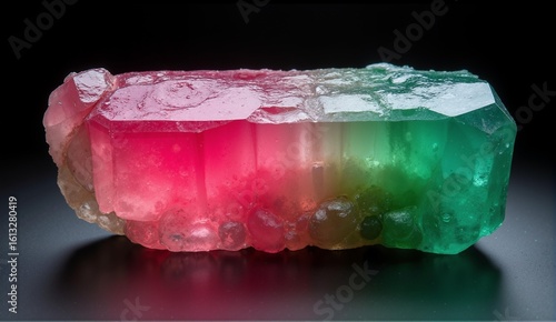 Glowing tourmaline crystal with striking pink-to-green color transition and intense inner luminescence. A beautiful natural gem., ultra detailed, 8k resolution, HDR, professional