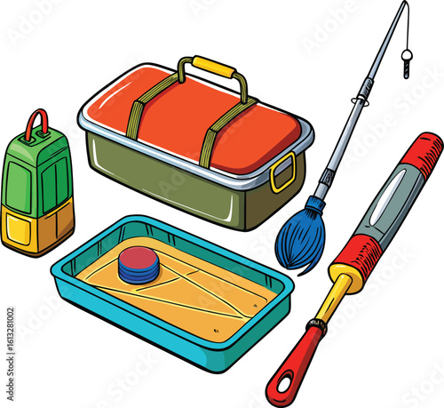 Cartoon Fishing Gear Illustration with Tackle Box on Transparent Background