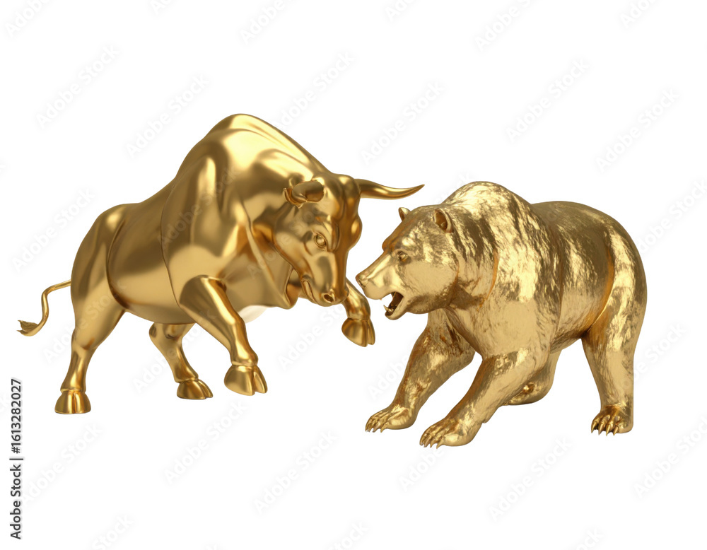 Golden sculptures of a bull and a bear facing each other in a dynamic, confrontational stance. Golden sculptures of a bull and a bear facing each other in a dynamic, confrontational stance.