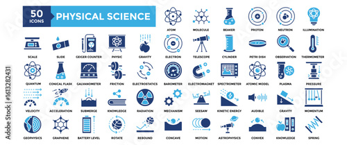 50 Physical Science icon set. Containing design science, education, physical, concept, physics	