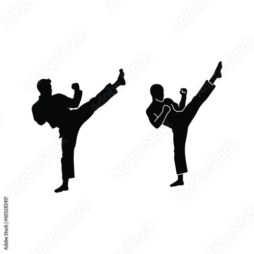 Martial arts silhouettes two men demonstrating high kicks vector illustration black and white