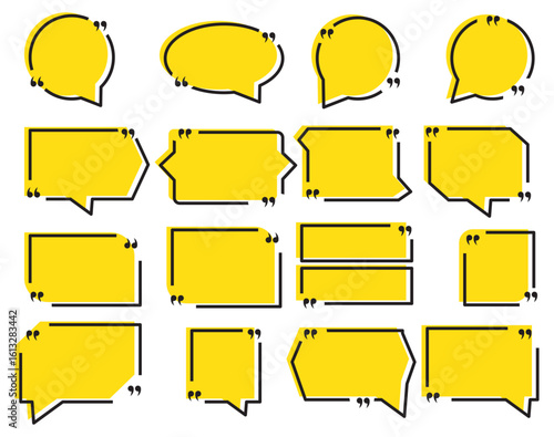 Quote box frame set, Yellow speech bubbles isolated vector set. Chat bubble in yellow, Speech bubble sign and symbol, Quote box icon. Vector illustration.