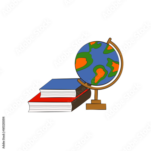 Vector illustration of stacked books with a school globe on white background. Bright cartoon style. Concept of education, back to school, knowledge, and learning.