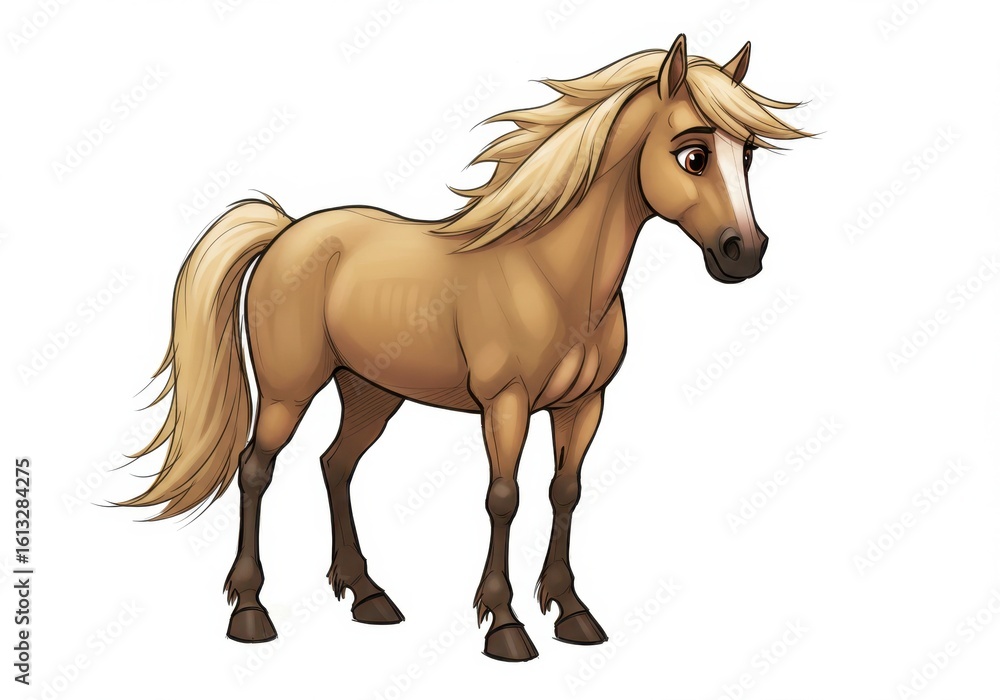Obraz premium Cartoon illustration of a light brown horse standing on a white background, with flowing mane and tail.