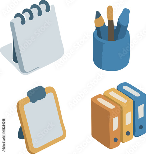 A set of four isometric icons representing office and school supplies for organization and writing.