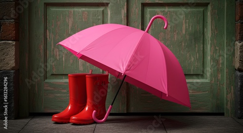 Pink umbrella and red rain boots by door