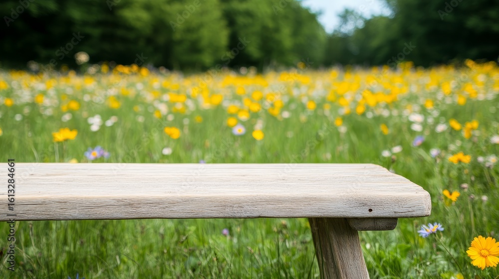 Naklejka premium Wooden Bench in Wildflower Meadow, Nature, Outdoors