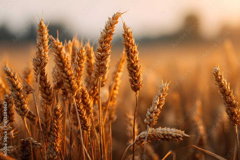 Fototapeta premium Close up of ripe wheat ears. Beautiful backdrop of ripening ears of golden field. Nature background and blurred bokeh. Agriculture scene of sun setting over the yellow meadow