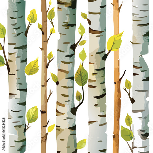  Birch trees with branches, watercolor seamless pattern. Forest illustration of stems on white background, nature template