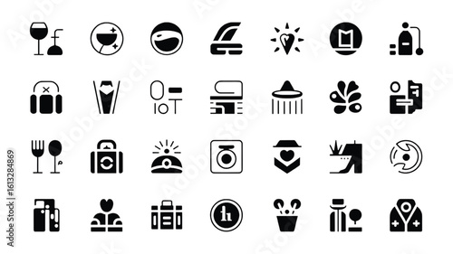 Collection of Black Glyph Icons Representing Diverse Business and Lifestyle Categories for Modern Design Projects