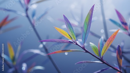 Close up of colorful leaves on thin branches with a soft blue background