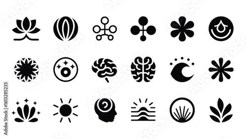 Collection of Minimalist Black and White Icons Representing Nature Science Spirituality and Well being Concepts for Design and Infographics