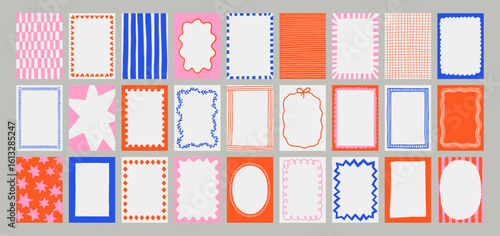 A trendy collection of vector frames and backgrounds with hand-drawn borders, abstract wavy lines retro-inspired patterns. Frames in playful colors. For invitations, posters, social media templates