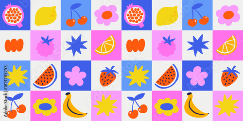 A playful seamless summer pattern with hand-drawn fruit and tropical elements. For summer packaging, textile design, wrapping paper, digital backgrounds, or kids' products. 