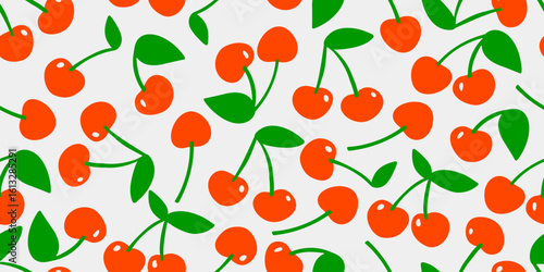 Bright and bold vector seamless pattern pattern with hand-drawn cherry. Playful and retro summer vibe. For fabric, packaging, wrapping paper, wallpapers, and social media templates.