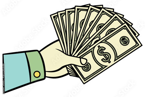 A hand wearing a blue shirt holds a fan of cash money bills