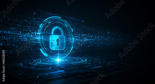 A digital padlock glows, symbolizing cybersecurity and data protection in the modern age