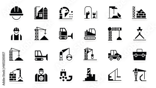 Construction and Building Vector Icon Set Infrastructure Development and Civil Engineering Elements in Black Color Isolated on White Background