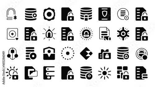 Diverse set of security and data management icons for website and app design demonstrating protection and organization