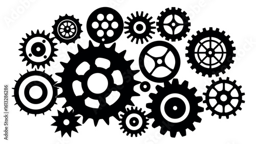 Vector art of a collection of interlocking gears and cogs