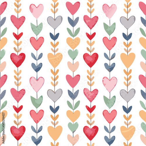 Cute seamless pattern with vertical garland of hearts. Watercolor illustration on ivory background. Colorful print for textile, wrapping paper.