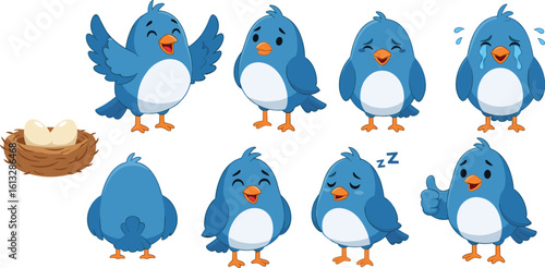 Cartoon blue birds with emotions, cute bird characters, nest with eggs, happy sad crying sleeping, vector animal illustration set