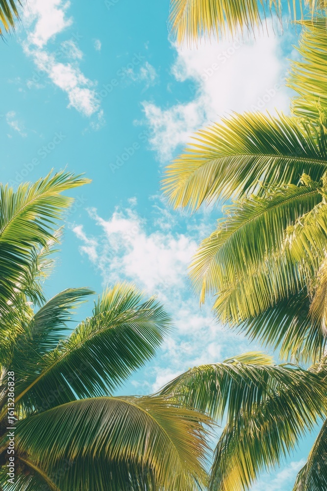 Fototapeta premium Tall emerald palms stretch upwards, blending with white clouds and blue sky in a tranquil, sun-drenched landscape.