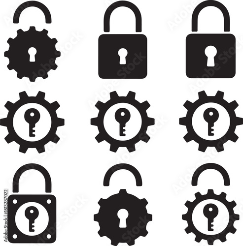 Black lock and key icons with gear elements security