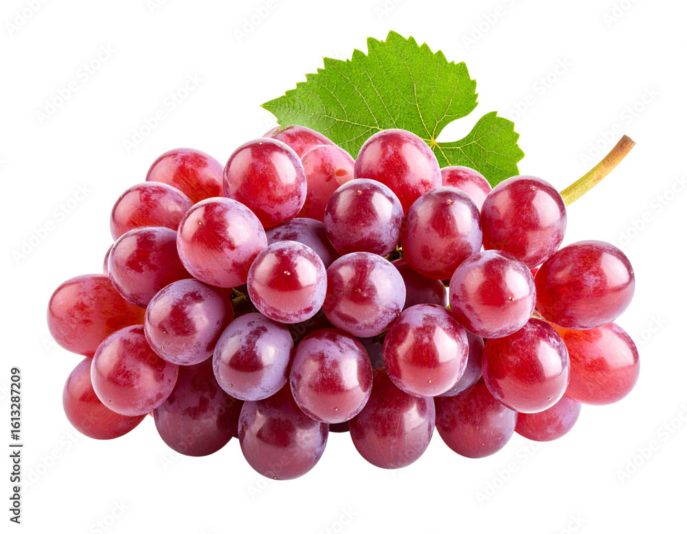 Fototapeta premium Single Red Grape Cluster with Stem and Leaf, Front View, Transparent PNG