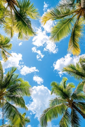 Vertical composition of tall palms towering in front of blue skies and scattered clouds, embodying the spirit of vacation.