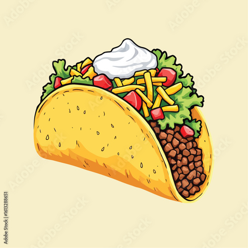 Layered Taco Illustration with Sour Cream, Cheese, Beef, Lettuce, and Tomatoes – Flavourful Food Vector