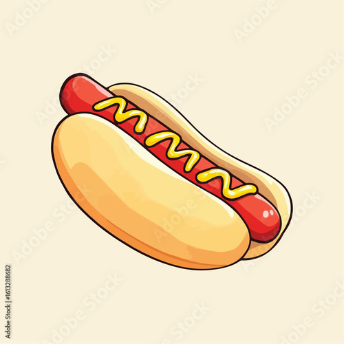 Cartoon Hot Dog Illustration with Mustard Zigzag – Fun and Colorful Snack in Bun Vector Artwork