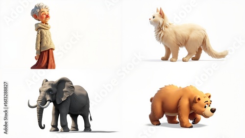 A group of four different types animals background gesture style layers creative design expression elements depth figure cartoonish scene emotion illustration frame movement backgrounds