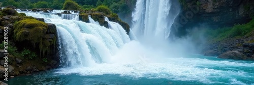 A powerful splash waterfall cascades over mossy rocks, creating a misty spray and vibrant, swirling water Perfect for nature, travel, and environmental themes , spray, travel