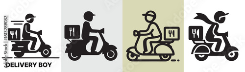 Delivery Service Icons Featuring a Courier on a Scooter Delivering Food Order with Speed and Reliability for Online Business