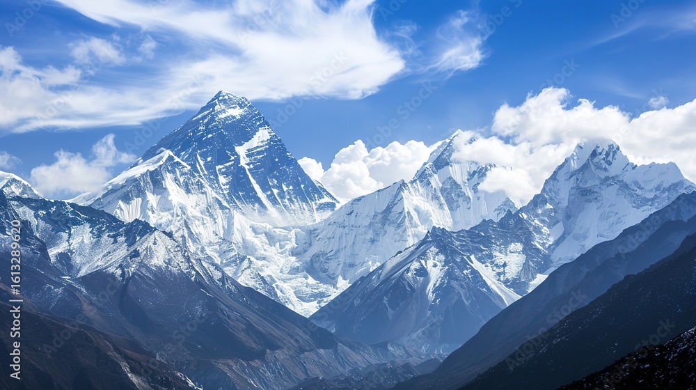 Fototapeta premium The majestic and awe-inspiring snow-capped mountains and peaks: Towering Summits Cloaked in Frost, Where Crisp Ice Meets Sky—Nature’s Grand, Breathtaking Landscapes.