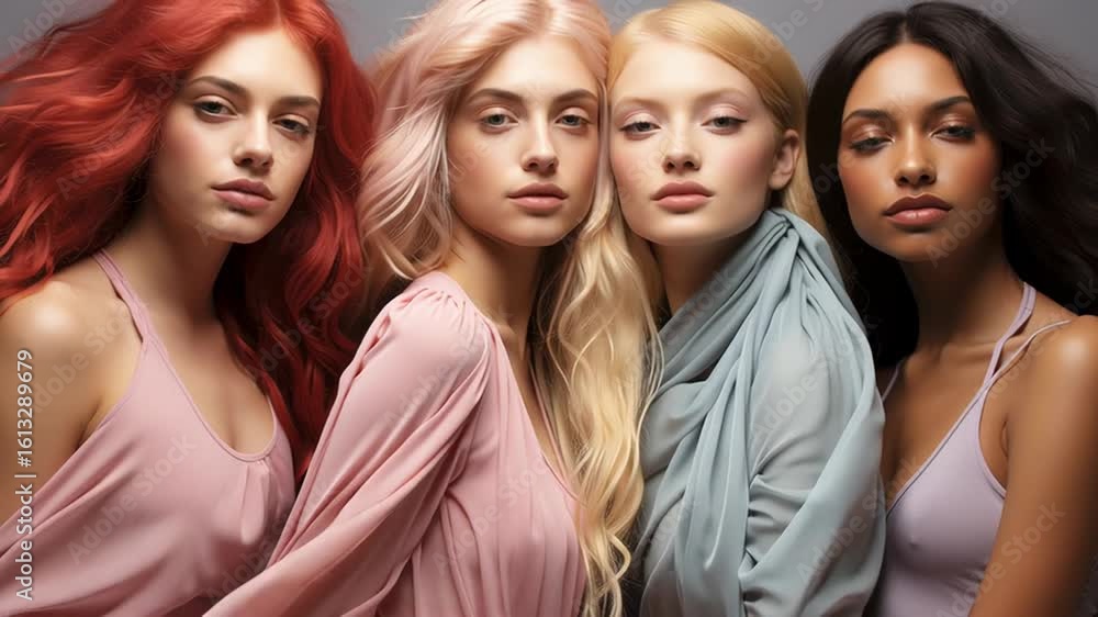 Group of four women with diverse hair colors and styles, wearing soft pastel clothing, posing together in a harmonious composition, showcasing beauty and unity among different backgrounds Group of four women with diverse hair colors and styles, wearing soft pastel clothing, posing together in a harmonious composition, showcasing beauty and unity among different backgrounds