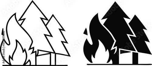 Wildfire Icons. Black and White Vector Icons. Bonfire and Trees. Danger to Nature. Ecological Problem. Climate Change Concept.