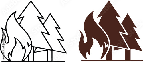 Wildfire Icons. Black and White Vector Icons. Bonfire and Trees. Danger to Nature. Ecological Problem. Climate Change Concept.