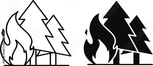 Wildfire Icons. Black and White Vector Icons. Bonfire and Trees. Danger to Nature. Ecological Problem. Climate Change Concept.