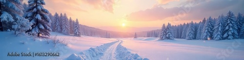 A tranquil snowy landscape bathed in the soft light of dawn, undisturbed by sound; a serene winter scene perfect for meditation and relaxation , quietude, tranquil, frozen