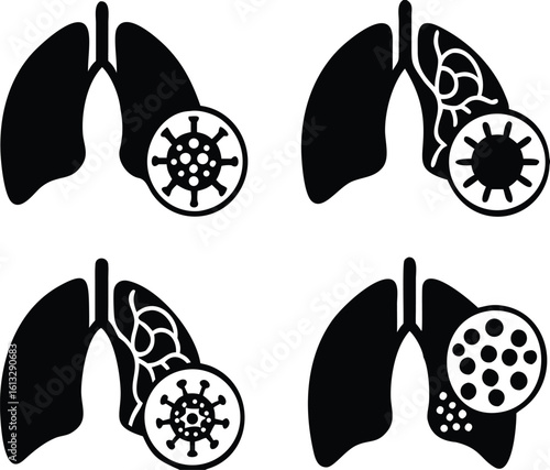 Black Icons of Lung Disease, Bronchitis, COPD, and Pneumonia. Vector Icons of Various Lung Diseases. Healthcare and Medicine
