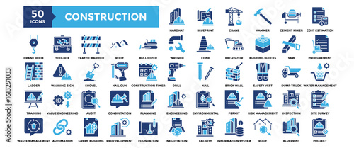 50 Construction icon set. Containing design industry, construction, site, business, safety, architecture	