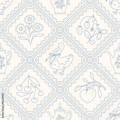 Hand drawn cottage core seamless lattice pattern with a charming whimsical coquette design. Soft blue, pastel, and nostalgic trellis print. Perfect for textiles and romantic vintage-inspired decor.
