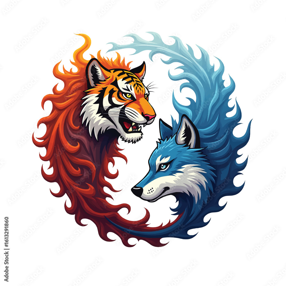 Fototapeta premium The tiger and wolf form a ying and yang shape and are decorated with fire and ice on a white background