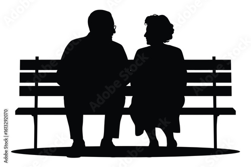 Elderly Couple Silhouette Sitting on Bench Together in Black and White